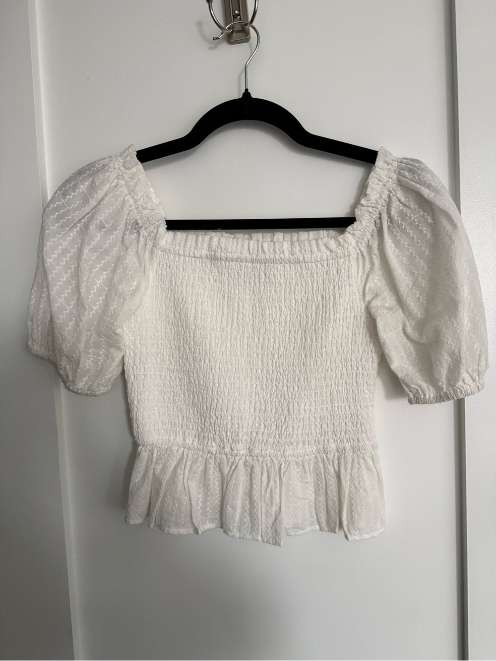White Smocked Puff-Sleeve Peplum Top